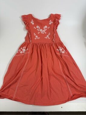Mini Boden Girls’ coral pink sleeveless dress size 11/12Y-embroidered flowers